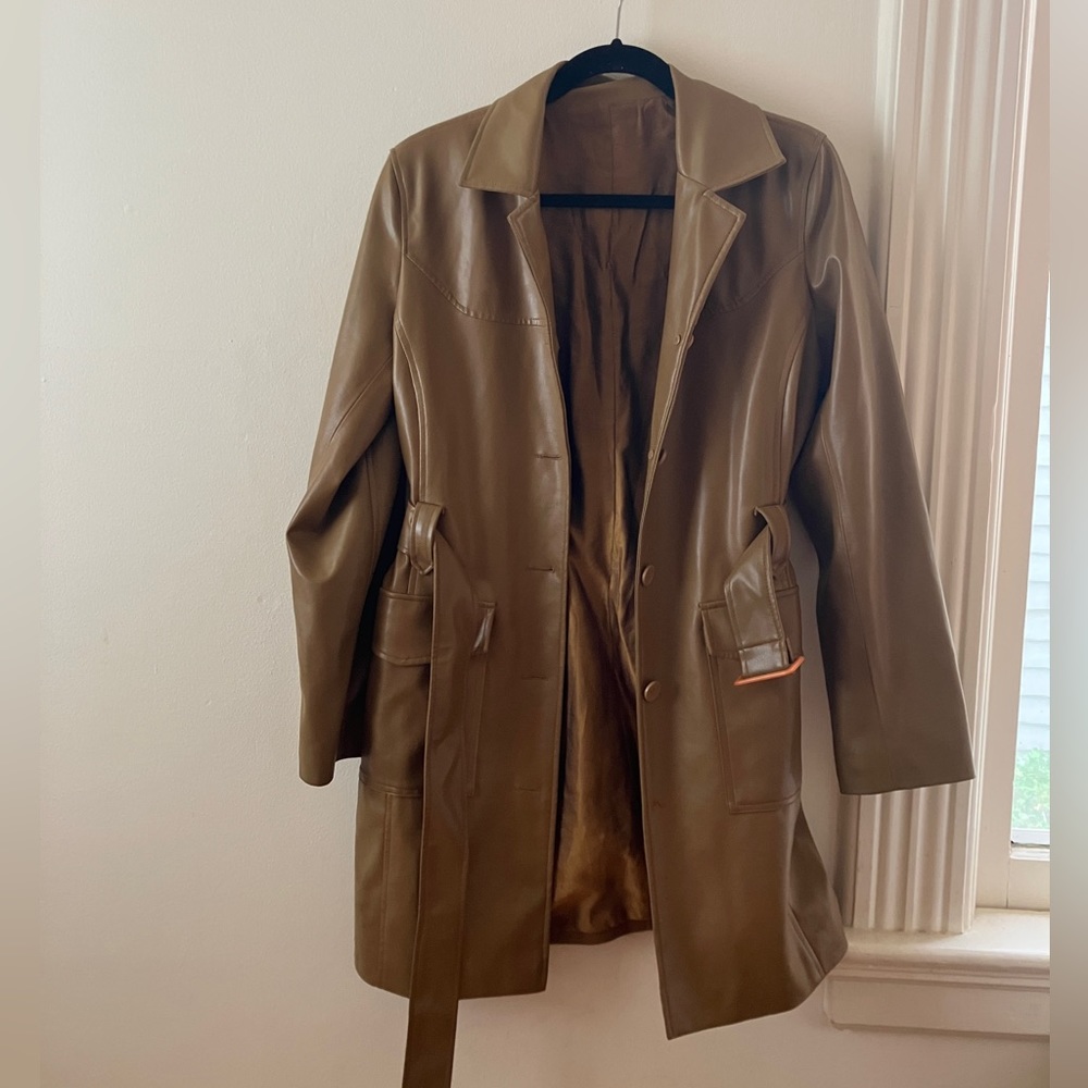 Camel brown faux leather trench coat